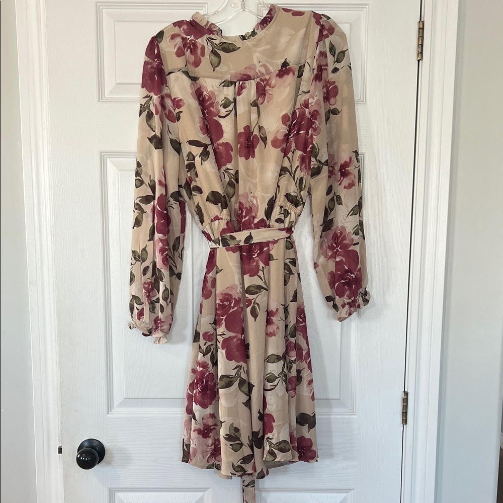 Sold - Cleo Beige and Burgundy Floral Long Sleeve Dress - Picture 7 of 7